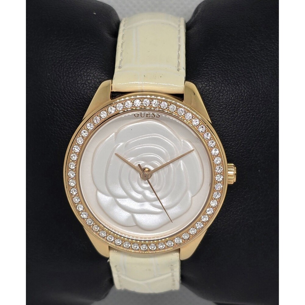 Women's Guess White 3D Rose Dial Rose Gold Tone White Leather Watch 13